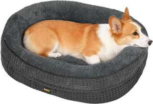 Dog lying on a gray pet bed with 'Pawz' branding at Pet Servo