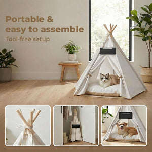Pet teepee with text about portability and assembly, placed in a room with plants and a window at Pet Servo