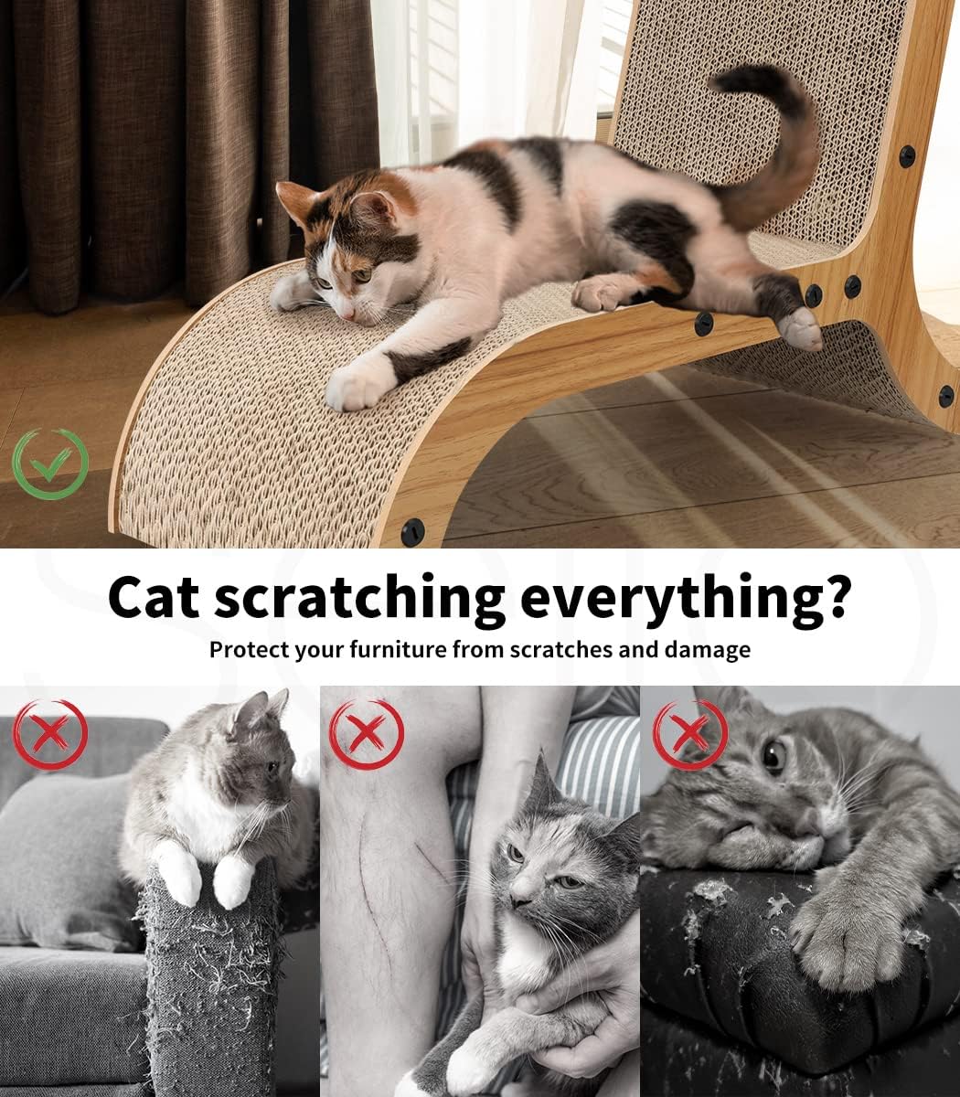 A collage promoting a cat scratching furniture protector. The top panel shows a calico cat lying on a scratching chair in a real indoor setting at Pet Servo