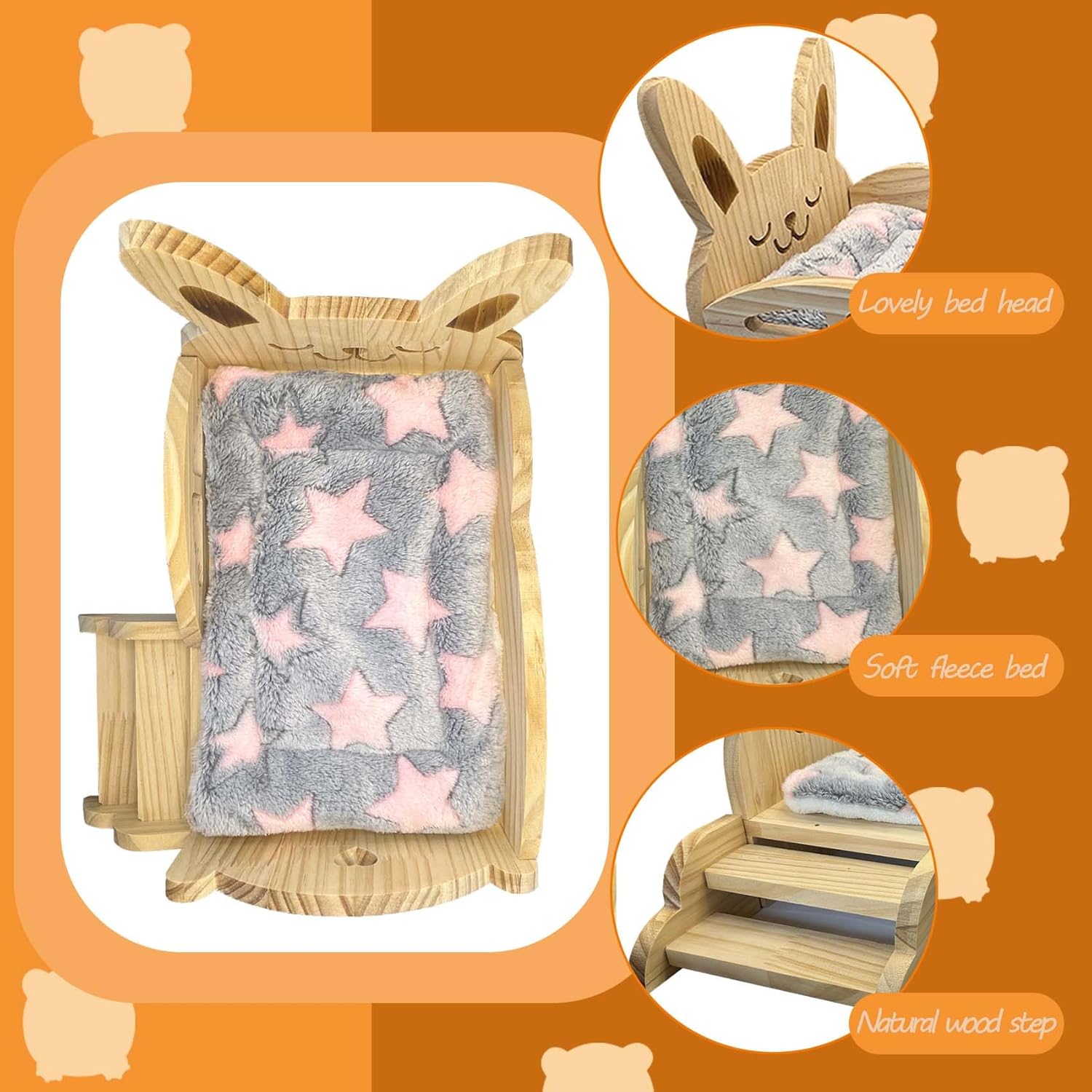 Pet bed with wooden frame and star-patterned cushion on an orange background at Pet Servo