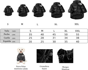 Dog coat size chart with various coat styles and measurements at Pet Servo