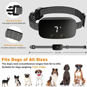 Dog collar with adjustable buckle, reflective tape, and digital display, featuring images of dogs of various sizes at Pet Servo