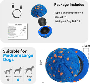 Product packaging with an intelligent dog ball, charging cable, and manual on a white background at Pet Servo