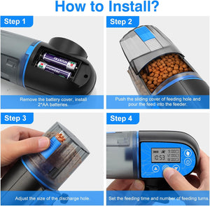 Step-by-step guide on how to install a pet feeder with battery installation, food pouring, discharge hole adjustment, and time setting at Pet Servo