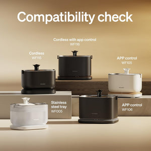 Various kitchen appliances with compatibility check text on a beige background