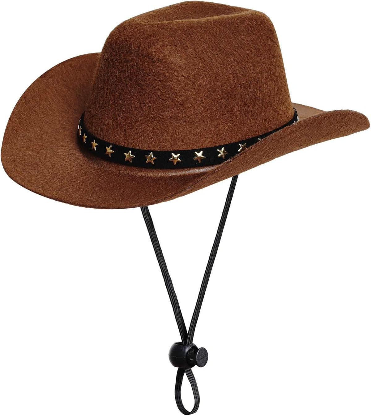 Brown cowboy hat with star-patterned band on a white background at Pet Servo