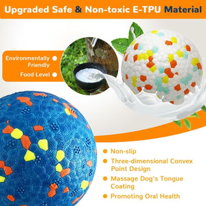 Colorful dog toy with text highlighting safe and non-toxic material, environmental friendliness, and benefits at Pet Servo