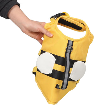 Yellow pet life jacket with black straps held by a hand on a white background at Pet Servo