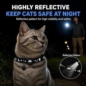 A gray tabby cat wearing a reflective collar at night outdoors, with large marketing text at the top reading 'HIGHLY REFLECTIVE KEEP CATS SAFE AT NIGHT' and a circular inset showing the reflective pattern under a flashlight at Pet Servo