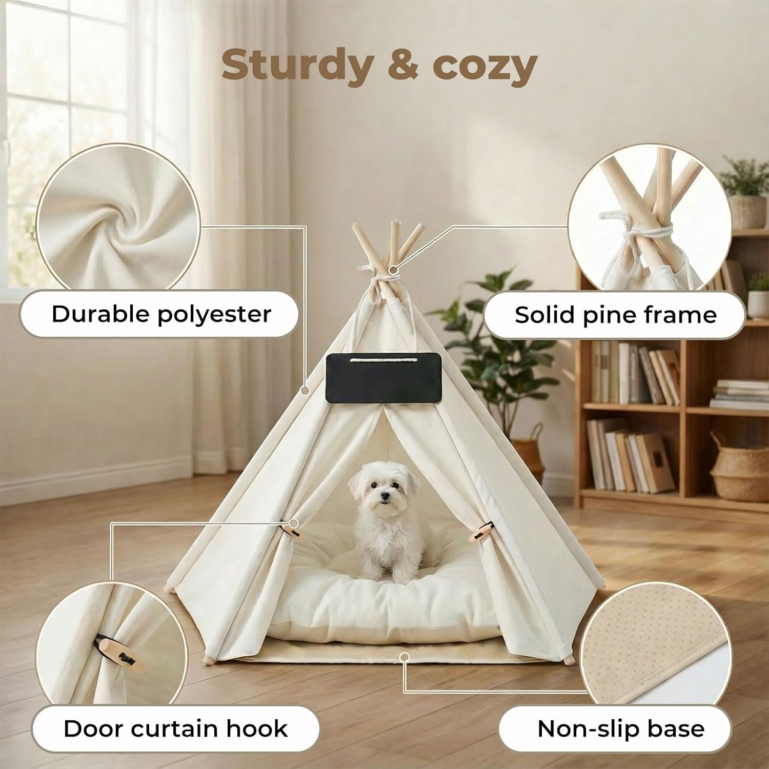 Pet teepee with features highlighted in a room setting at Pet Servo