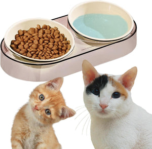A dual-bowl pet feeder and water dispenser with one bowl filled with dry cat food and the other with water, shown above two cats on a plain white background at Pet Servo