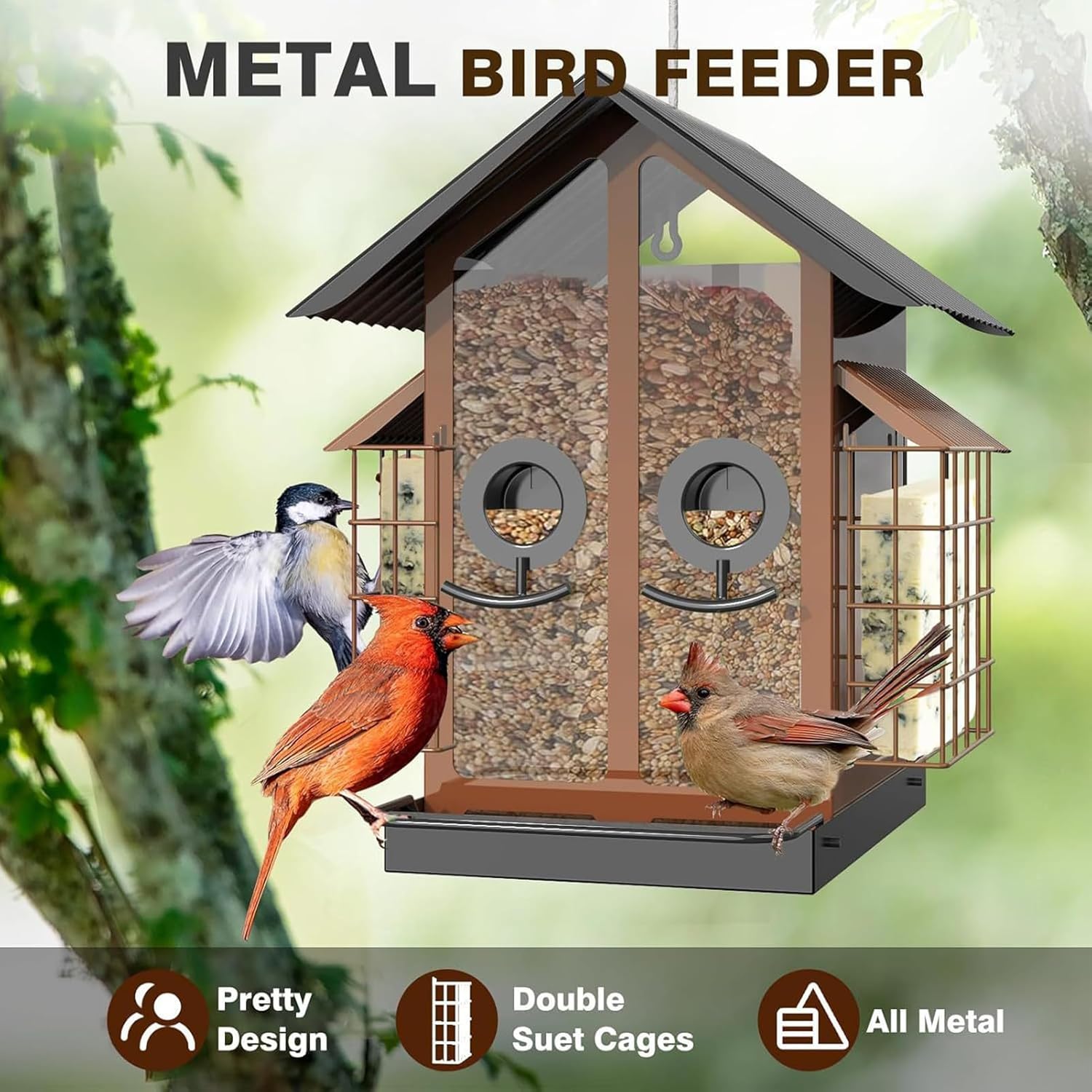 Metal bird feeder with birds perched on it against a natural background at Pet Servo