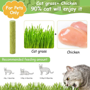 Cat grass and chicken product for pets with recommended feeding amounts at Pet Servo