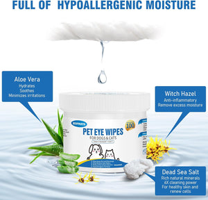 Pet eye wipes for dogs and cats with aloe vera, witch hazel, and dead sea salt on a white background at Pet Servo