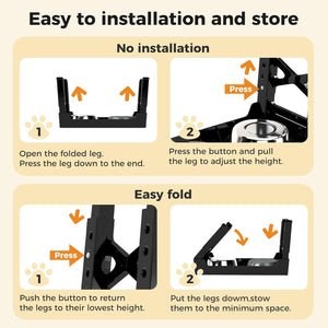 Instruction graphic showing how to install and fold a black mounting bracket. The top section says 'No installation' with two steps: opening the folded leg and adjusting height by pressing a button and pulling the leg at Pet Servo