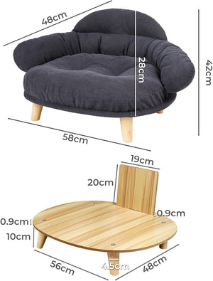 Measurement chart of a dark gray cushioned chair and a wooden table with dimensions at Pet Servo