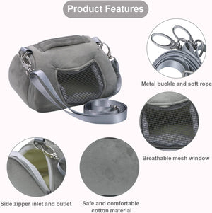 Gray pet carrier with metal buckle, soft rope, breathable mesh window, side zipper, and safe cotton material at Pet Servo