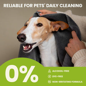 Dog being dried with a towel, with text about reliability for pets' daily cleaning and product features at Pet Servo