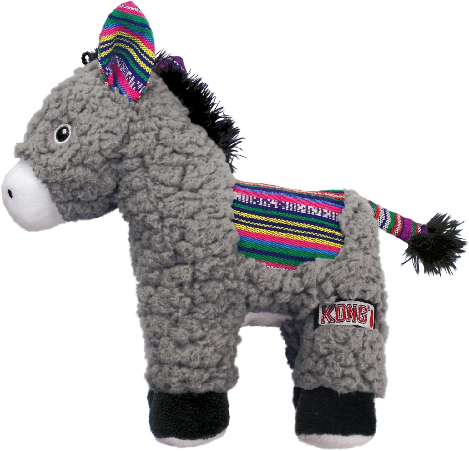 Plush donkey toy with colorful stripes and a KONG label on a white background at Pet Servo