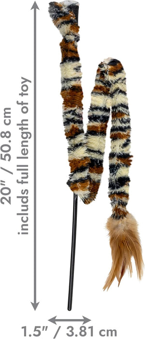 A striped furry cat toy with a black pole and feather, shown with measurement arrows and text indicating full length 20 inches / 50.8 cm and width 1 at Pet Servo