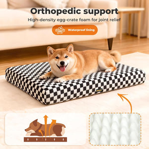 Dog lying on a checkered orthopedic dog bed with text about support and foam type at Pet Servo