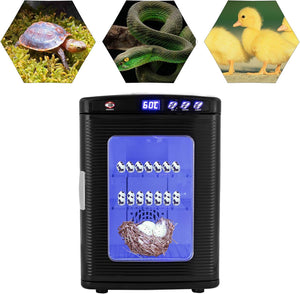 A black egg incubator with a blue digital display and glass door, shown on a white background with three inset images of a turtle, a green snake, and two yellow chicks.