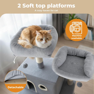 A gray plush cat tree bed with an orange and white cat resting inside, shown alongside a detached side bed and product callout graphics. Text at the top reads '2 Soft top platforms' and includes an orange badge saying, 'Machine washable' and a circular inset noting 'Detachable' at Pet Servo