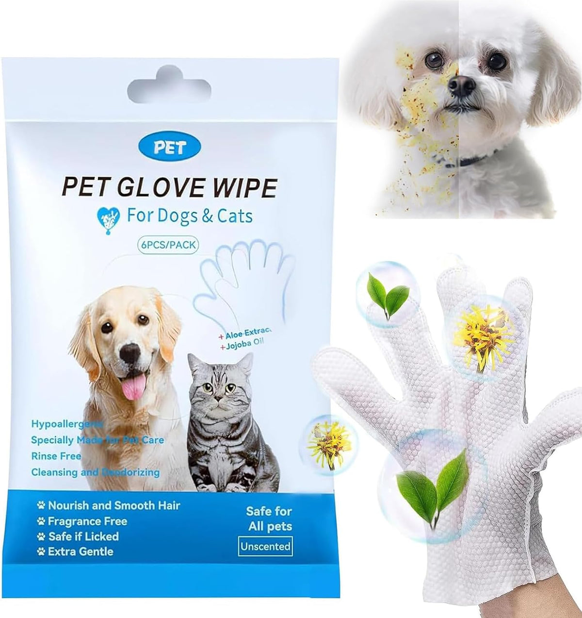PET Glove Wipe packaging for dogs and cats shown with a white pet grooming glove, a small white dog, and circular inset graphics highlighting dander and fur cleaning benefits at Pet Servo