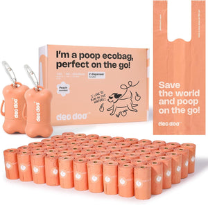 A dog poop bag set including a box, two bone-shaped dispensers with clip attachments, and many rolled peach-colored poop bags arranged in front on a white background at Pet Servo