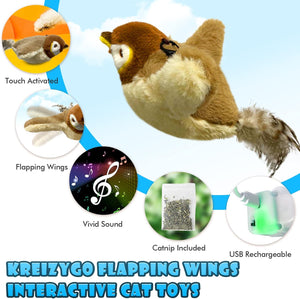 Interactive cat toy with flapping wings and features listed on a blue background at Pet Servo