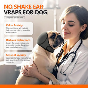 Woman holding a dog wearing a no shake ear wrap with product features highlighted at Pet Servo
