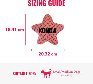 Sizing guide for a star-shaped dog toy, showing dimensions of 18.41 cm height and 20 at Pet Servo