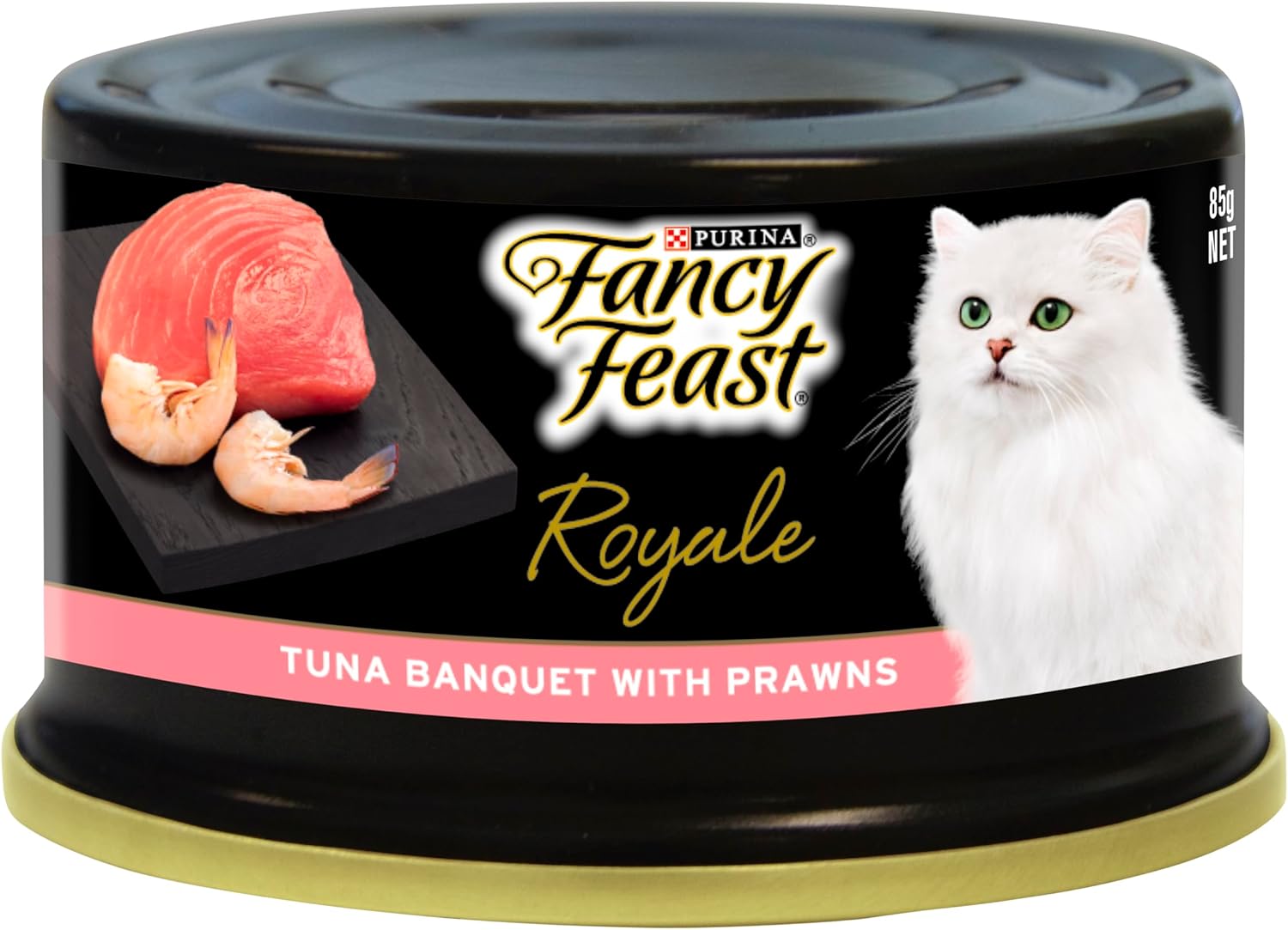 Fancy Feast Royale tuna banquet with prawns cat food can on a black background at Pet servo