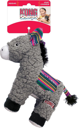 Gray donkey-shaped toy with colorful mane and tail on a white background, featuring KONG branding at Pet Servo