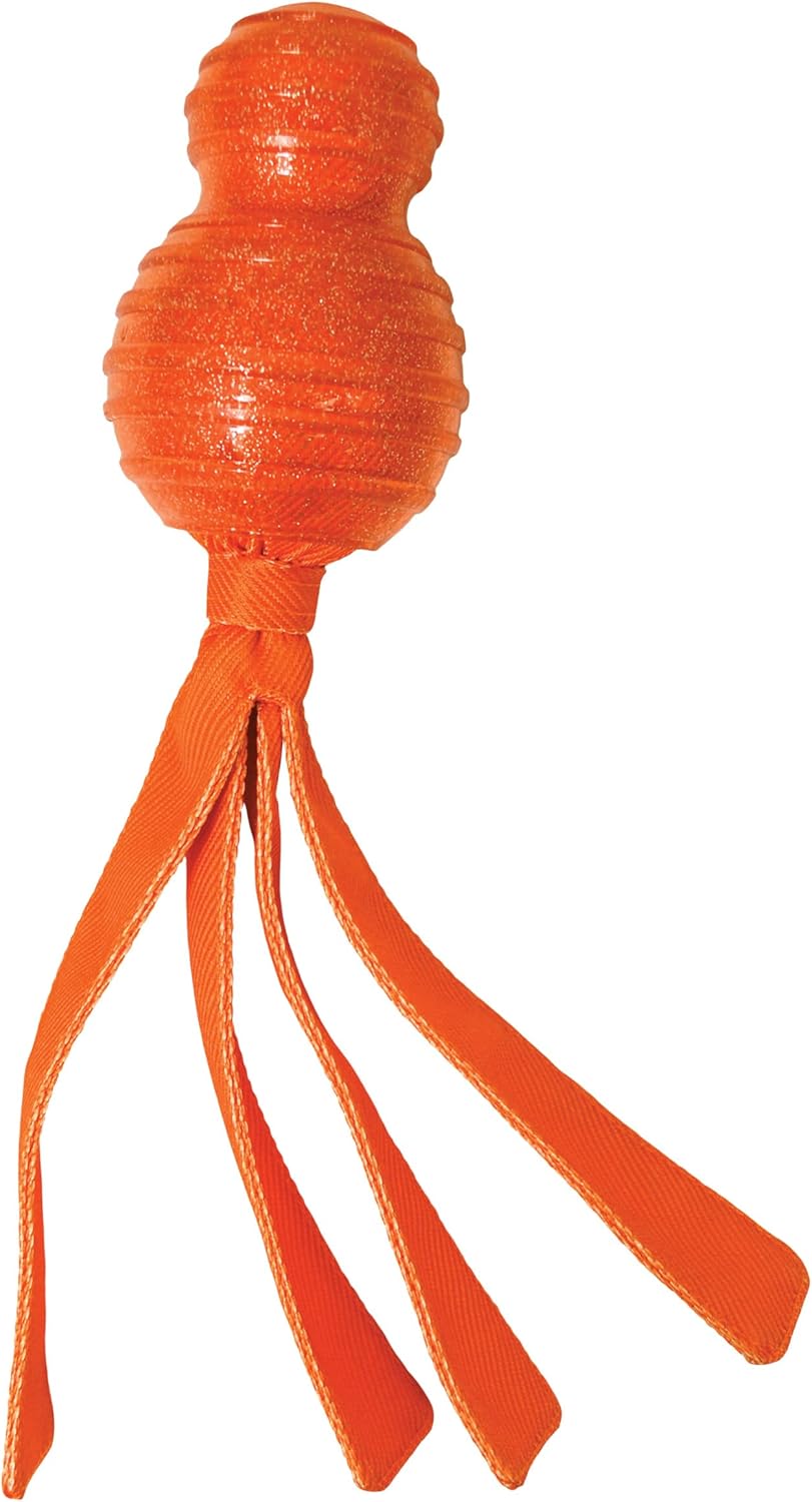 An orange rubber octopus dog toy with a textured, bulbous head and four long, flexible tentacles, shown against a plain white background at Pet Servo