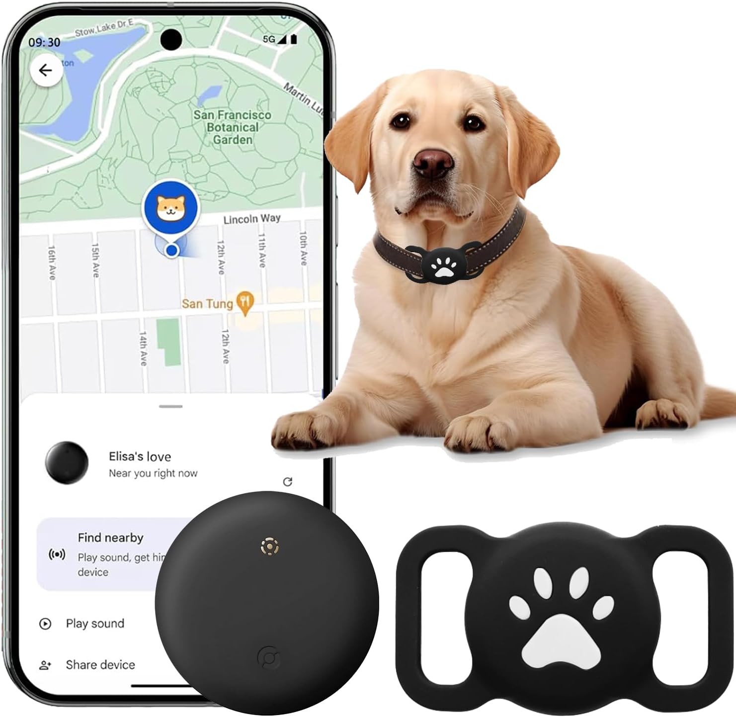 Dog wearing a black collar with a paw design, next to a smartphone displaying a pet tracking app, and a black dog tag with a paw print at Pet Servo