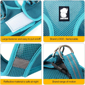 Teal dog harness with brand logo and features highlighted on a white background at Pet Servo