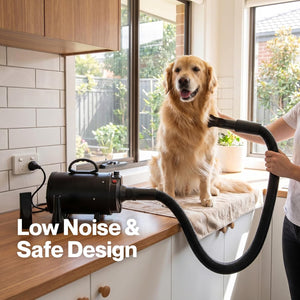 Dog being dried with a hair dryer in a kitchen, with text 'Low Noise & Safe Design' at Pet Servo