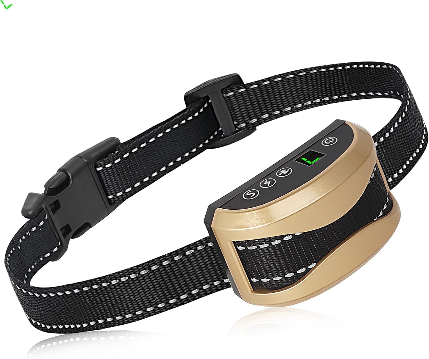 Black and gold dog collar with electronic device on a white background