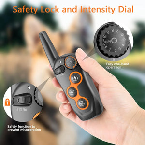 Hand holding a walkie-talkie with safety lock and intensity dial features, outdoor background at Pet Servo