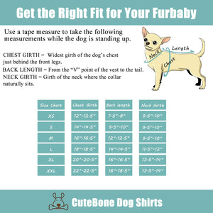 Dog measurement chart for shirts with a cartoon dog and text instructions on a light blue background at Pet Servo