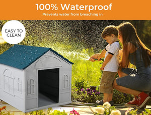 A white outdoor playhouse with a teal roof shown next to a family in a garden watering plants, with text overlays reading '100% Waterproof' and 'Easy to Clean' at Pet Servo