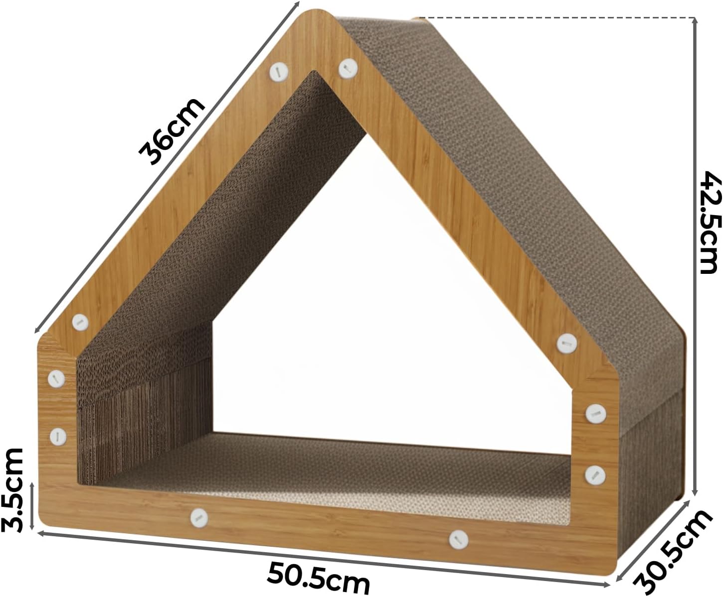 A triangular house-shaped cat scratching perch with wood-look sides and textured brown corrugated inner panels, shown with dimension labels on a white background at Pet Servo