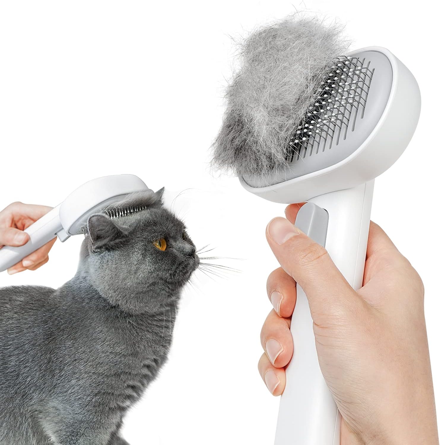 Person grooming a gray cat with a pet grooming brush on a white background at Pet Servo