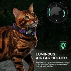 A brown tabby cat wearing a purple and black collar with a glowing green air tag holder, shown outdoors at night. The image includes an inset diagram of the circular holder and text reading 'LUMINOUS AIRTAG HOLDER' with a small light icon at Pet Servo
