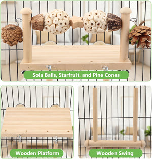Wooden pet toy with sola balls, starfruit, pine cones, wooden platform, and swing against a wire cage background at Pet Servo
