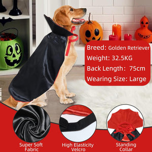 A golden retriever dog wearing a black vampire cape costume with a red collar, shown in a Halloween-themed room with pumpkins and candles. The image includes text listing the dog's breed, weight, back length, and wearing size, plus three circular inset images showing fabric texture, elastic velcro closure, and standing collar details.