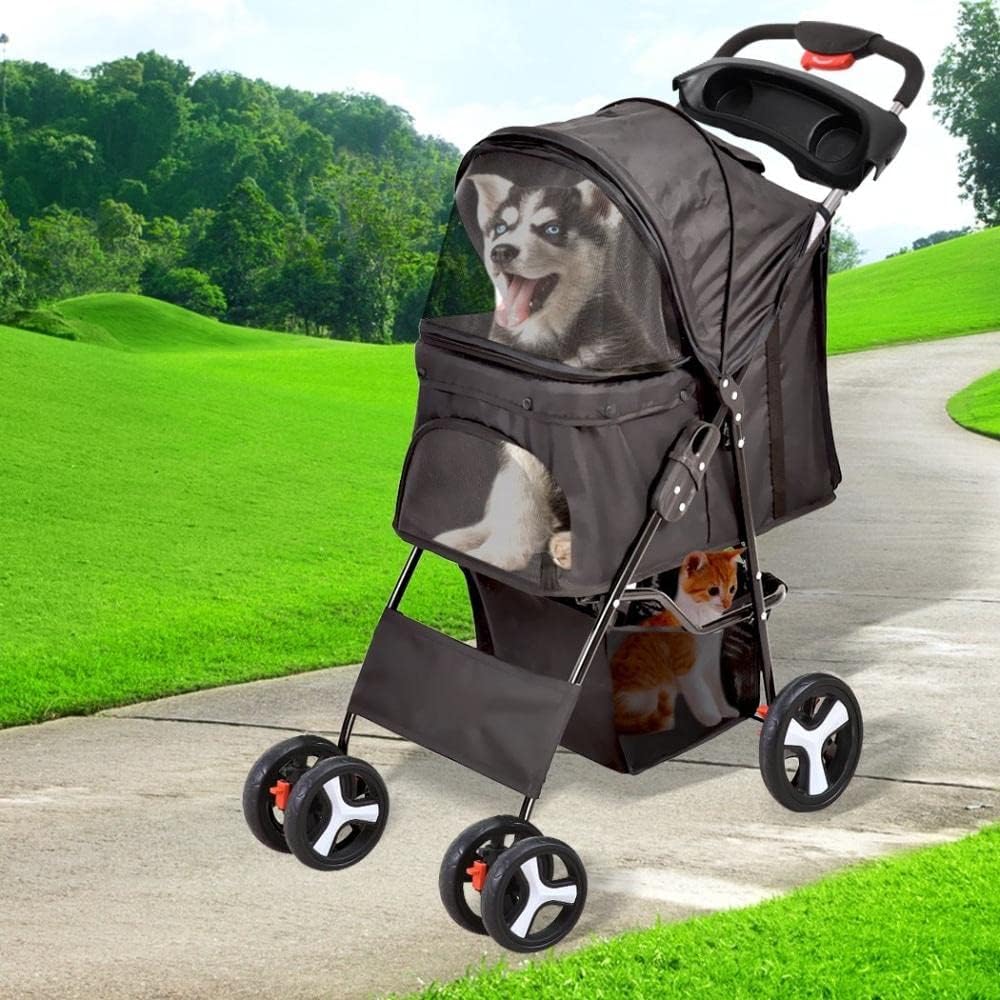 Pet stroller with a dog inside, outdoors on a path with greenery at Pet Servo