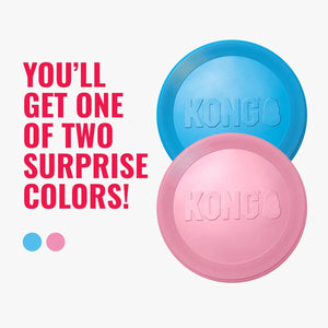 Two KONG dog toys, one blue and one pink, on a white background with text about surprise colors at Pet Servo