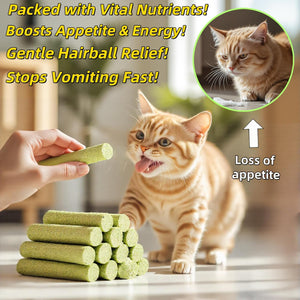 Cat being offered a green cat treat with text highlighting benefits on a blurred background at Pet Servo
